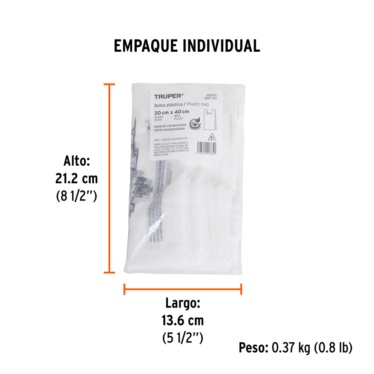 100 Bolsas Plásticas Biodegradables de 20 X 40 cm, Truper