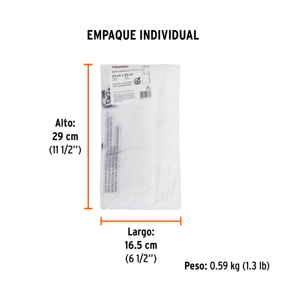 100 Bolsas Plásticas Biodegradables de 27 X 50 cm, Truper