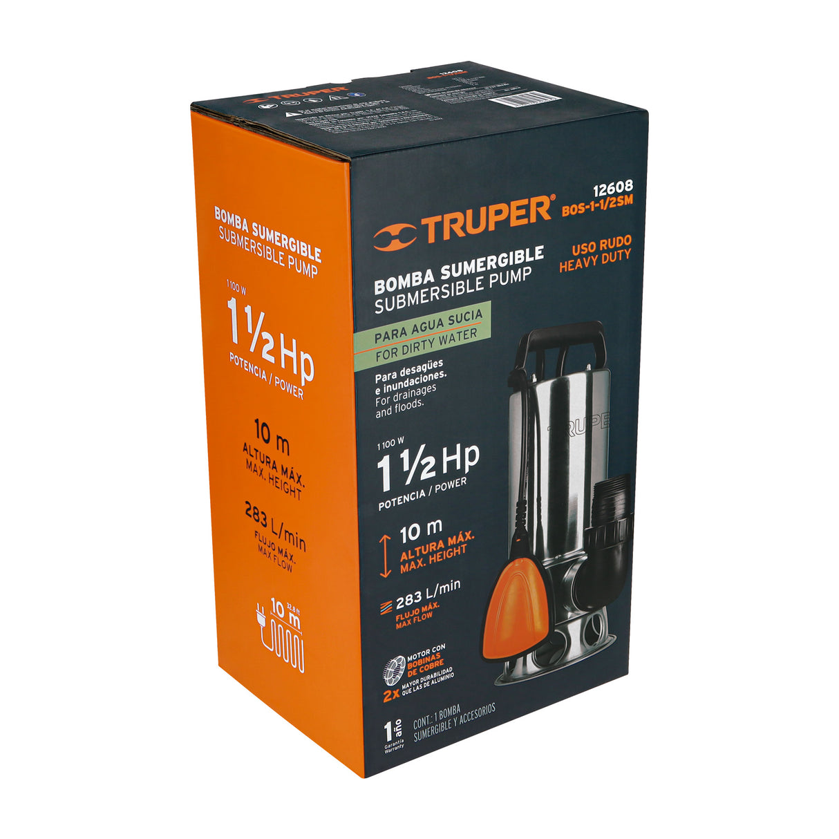 Bomba Sumergible Acero Inoxidable, Agua Sucia, 1-1/2 HP, Truper