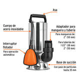 Bomba Sumergible Acero Inoxidable, Agua Sucia, 1-1/2 HP, Truper