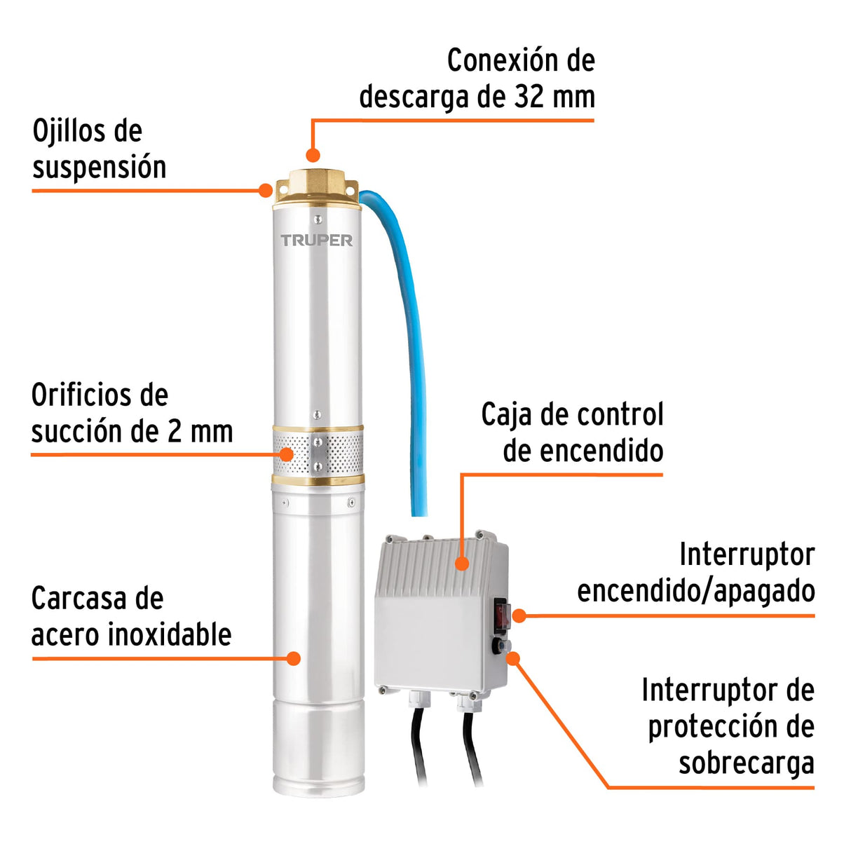 Bomba Sumergible Tipo Bala, 1/2 HP, Uso Agrícola, Truper