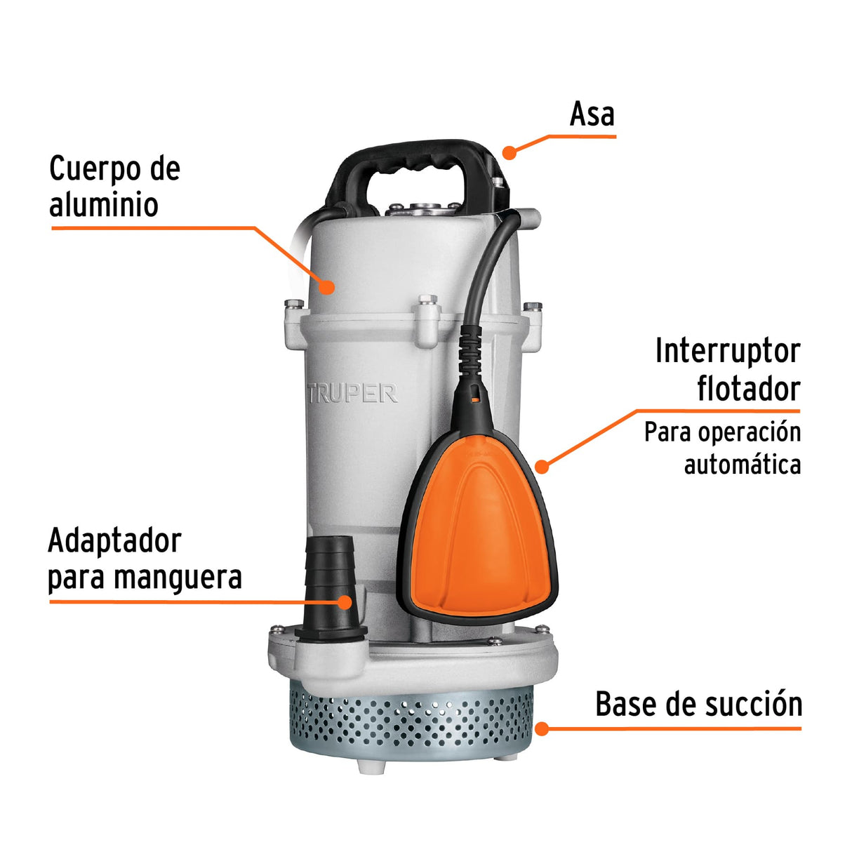 Bomba Sumergible Cubierta Aluminio, Agua Limpia, 1 HP, Truper