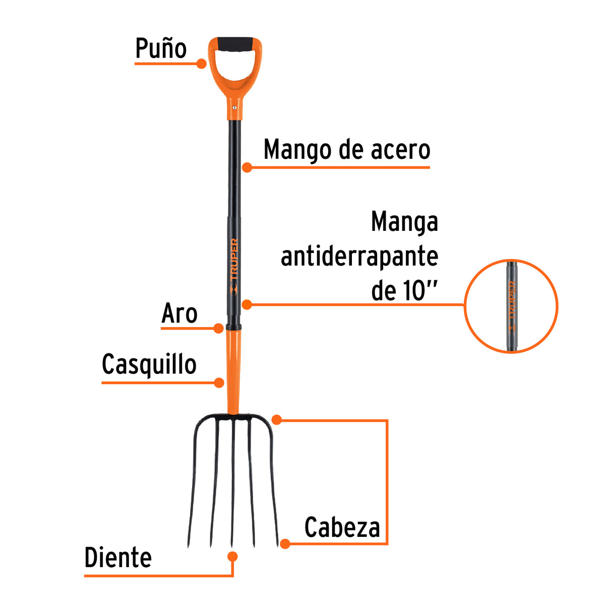Bieldo para Paja, 5 Dientes, Mgo de Acero 37', Puño'y' Truper