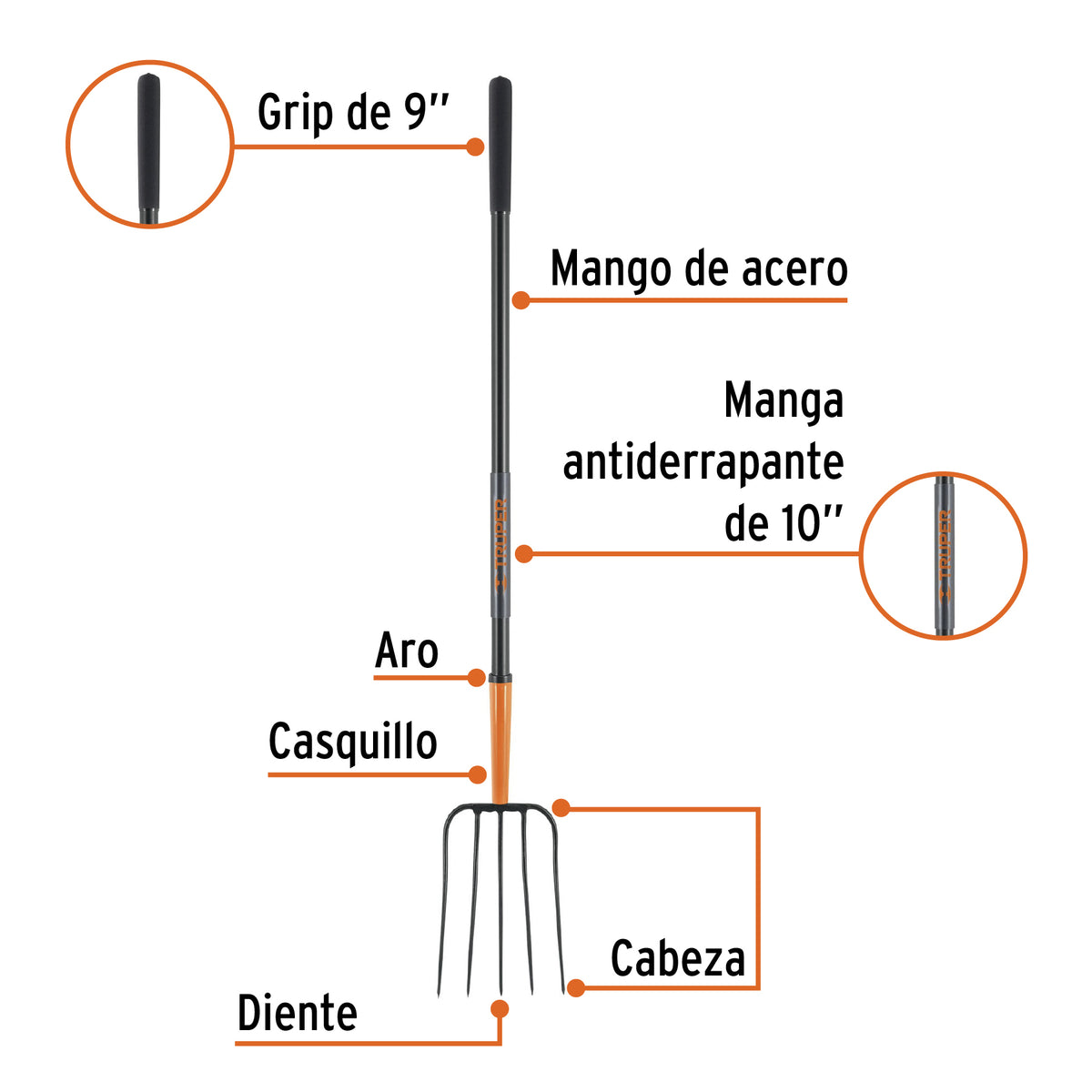 Bieldo para Paja, 5 Dientes, Mango Largo de Acero 48' Truper
