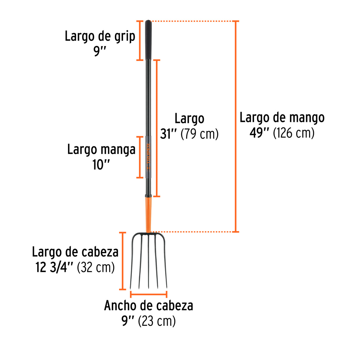 Bieldo para Paja, 5 Dientes, Mango Largo de Acero 48' Truper