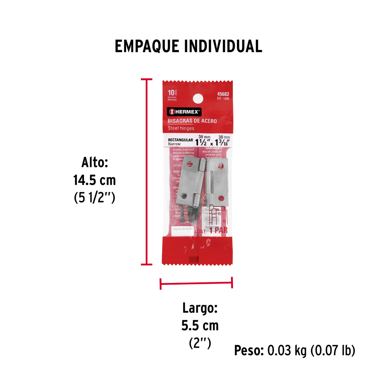 Bolsa con 2 Bisagras Rectangulares 1-1/2', Acero Pulido