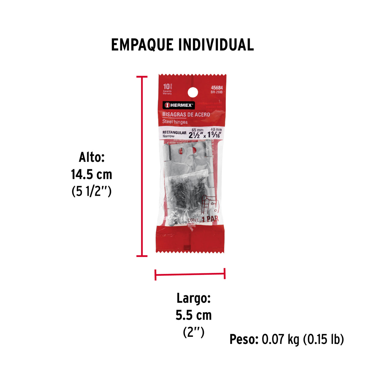Bolsa con 2 Bisagras Rectangulares 2-1/2', Acero Pulido