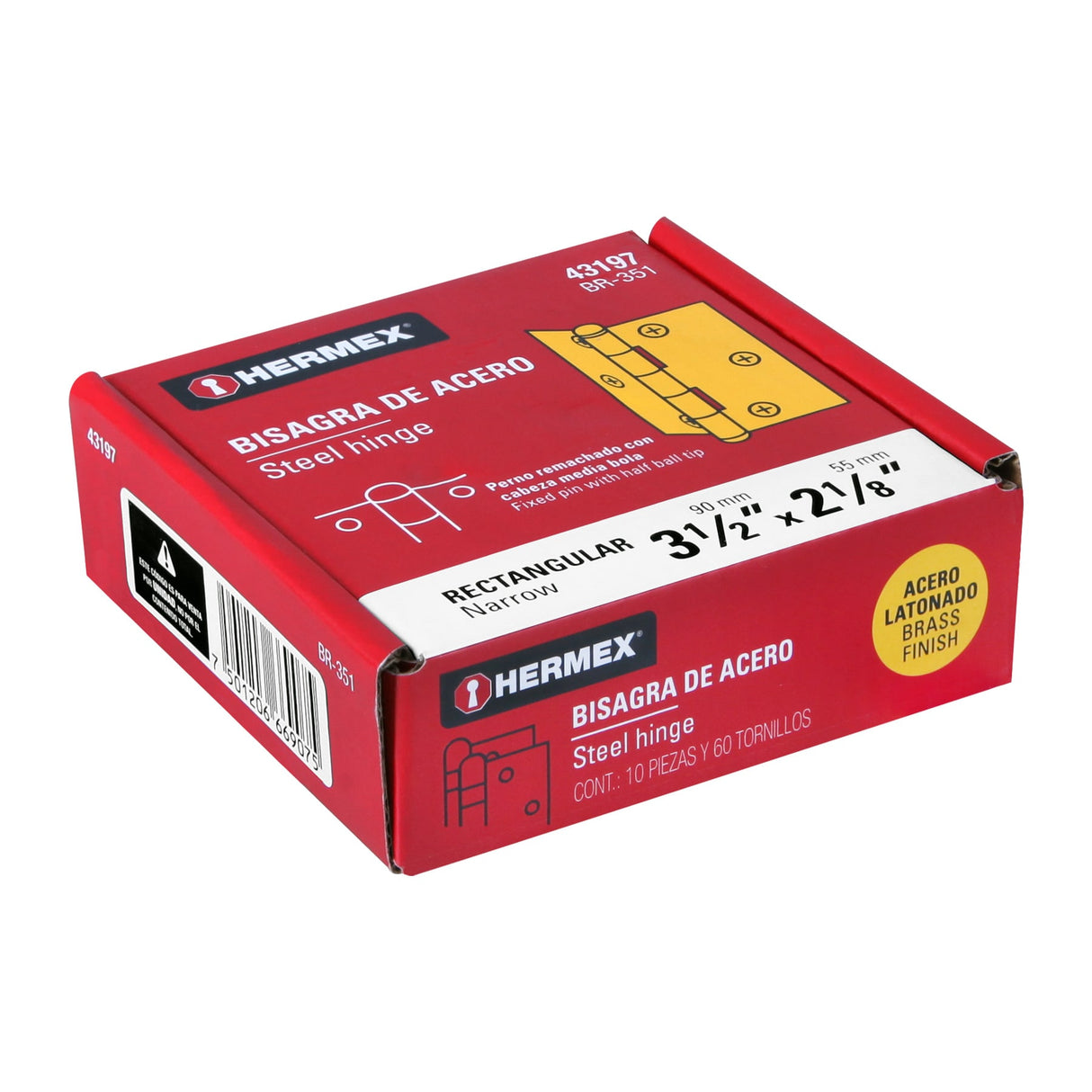 Bisagra Rectangular 3-1/2' Acero Latonado, Hermex