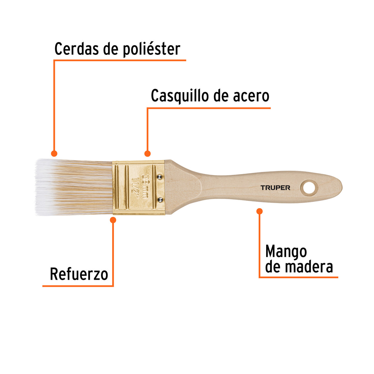 Brocha Cerdas Sintéticas 1-1/2' Corte Recto, Mango de Madera