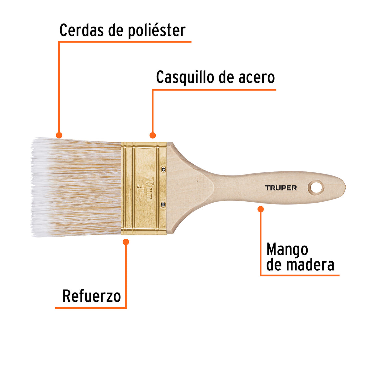 Brocha Cerdas Sintéticas 3' Corte Recto, Mango de Madera