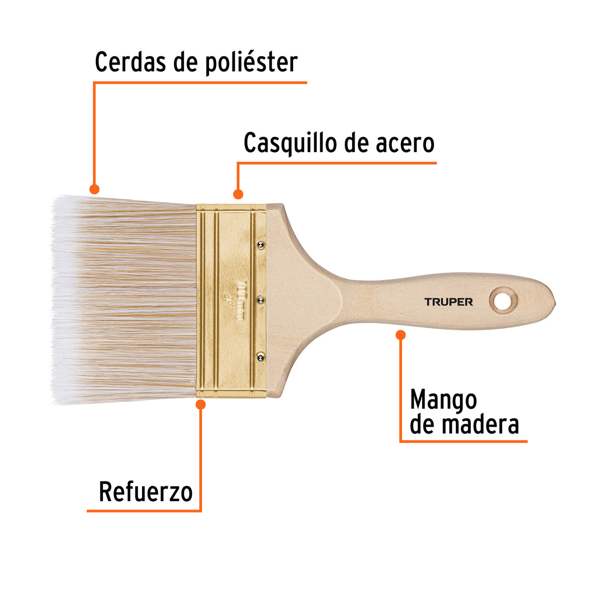 Brocha Cerdas Sintéticas 4' Corte Recto, Mango de Madera
