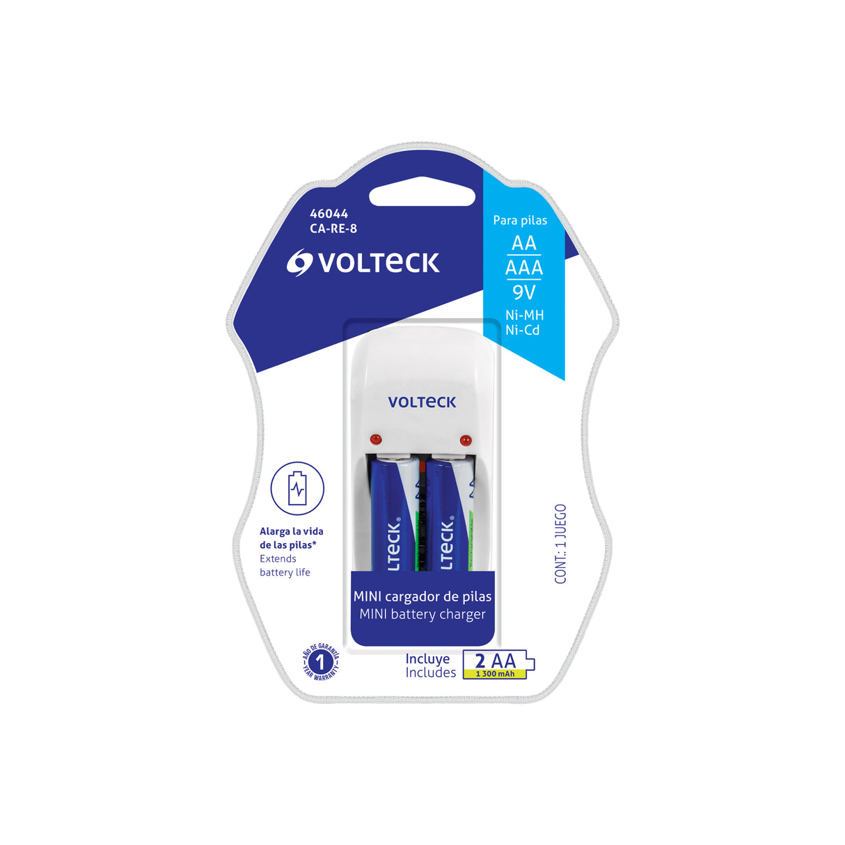 Cargador de Pilas, Aa, Aaa y 9 V, Incluye 2 Pilas Aa, Volteck