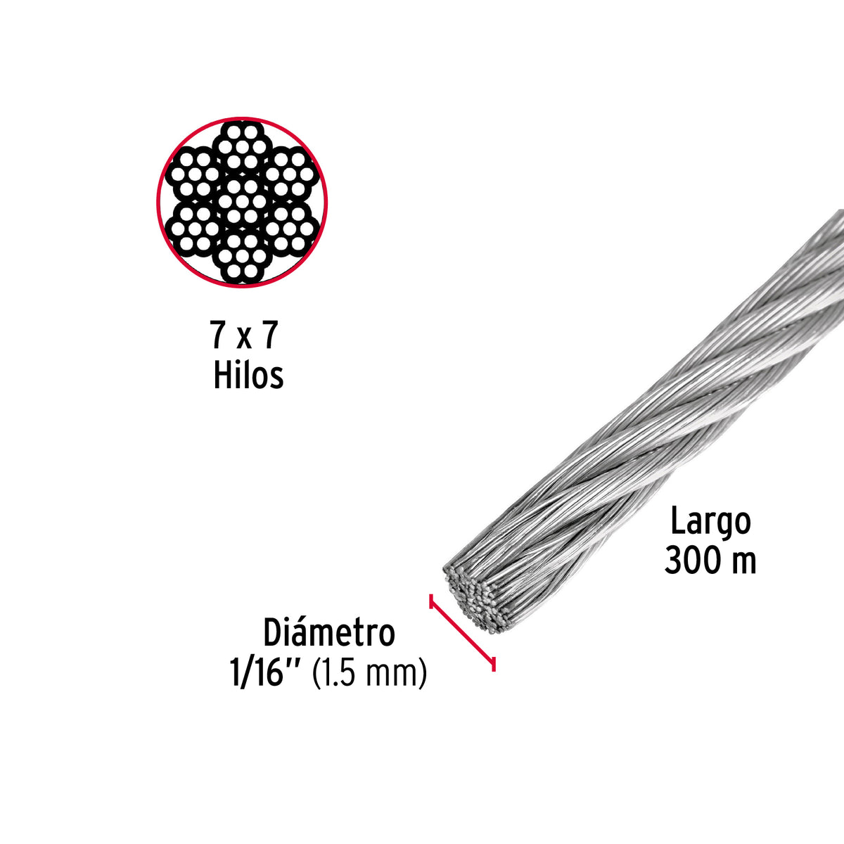 Metro de Cable Rígido 1/16' de Acero 7X7 Hilos, 300 m, Fiero