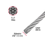 Metro de Cable Rígido 1/16' de Acero 7X7 Hilos, 300 m, Fiero