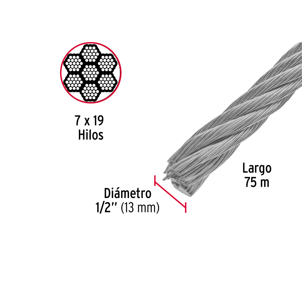 Metro de Cable Flexible 1/2' de Acero 7X19 Hilos, 75 m