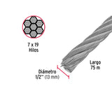 Metro de Cable Flexible 1/2' de Acero 7X19 Hilos, 75 m