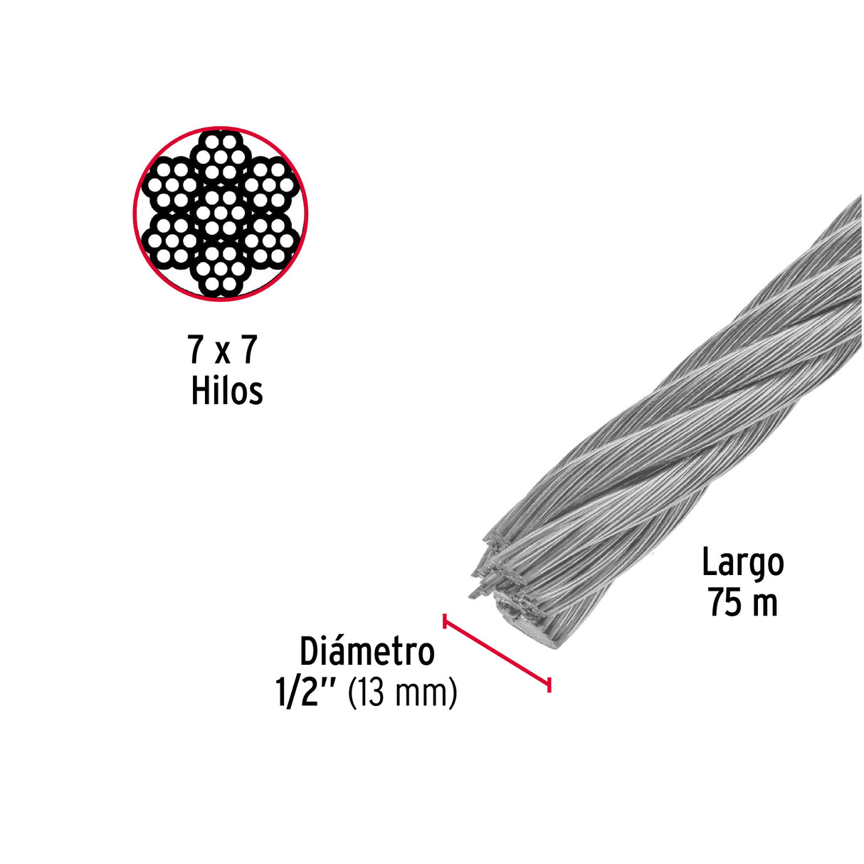 Metro de Cable Rígido 1/2' de Acero 7X7 Hilos, 75 m, Fiero