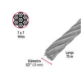 Metro de Cable Rígido 1/2' de Acero 7X7 Hilos, 75 m, Fiero