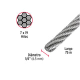 Metro de Cable Flexible 1/4' de Acero 7X19 Hilos, 75 m