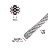 Metro de Cable Rígido 1/4' de Acero 7X7 Hilos, 75 m, Fiero