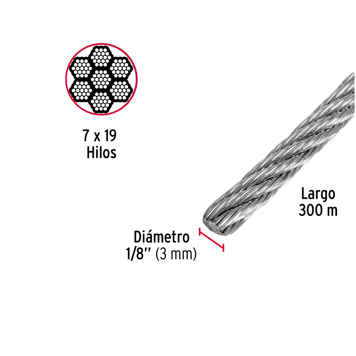Metro de Cable Flexible 1/8' de Acero 7X19 Hilos, 300 m