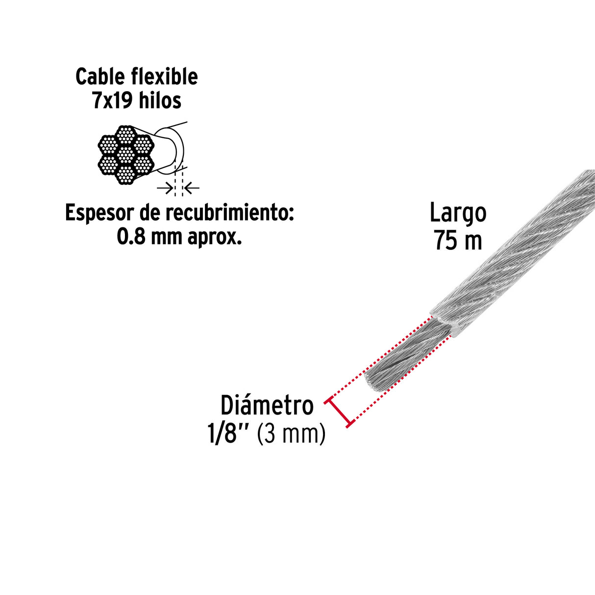 Metro Cable Flexible 1/8' Acero 7X19 Recubierto PVC, 75 m