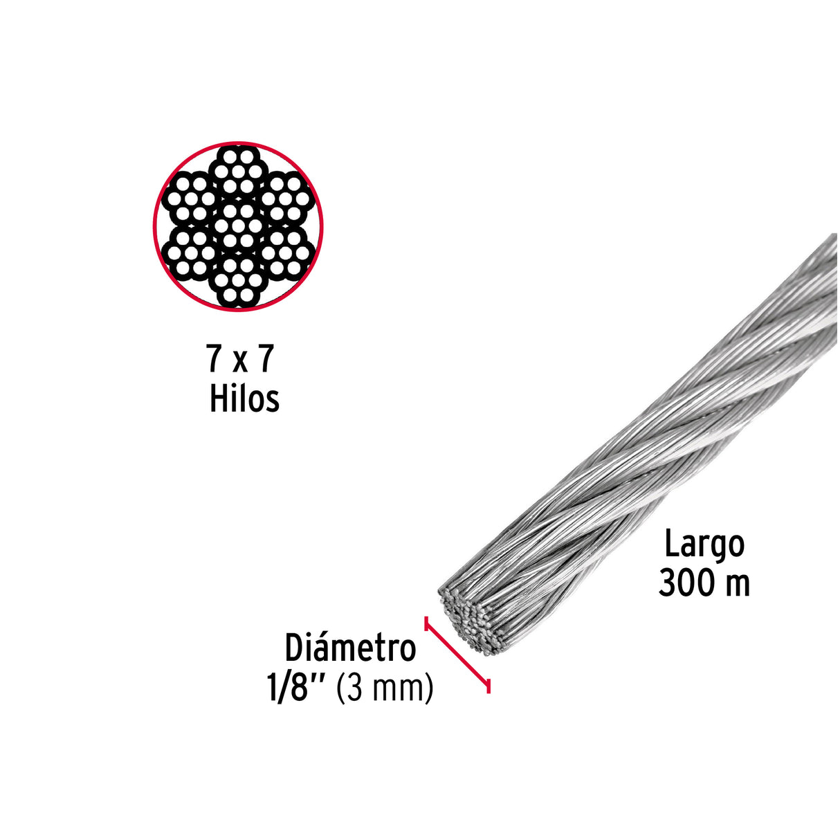 Metro de Cable Rígido 1/8' de Acero 7X7 Hilos, 300 m, Fiero