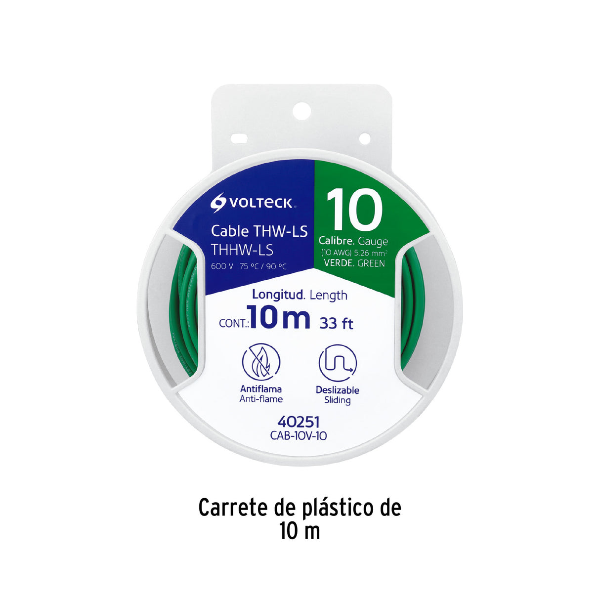 Carrete con 10 m de Cable Thhw-ls 10 AWG Verde, Volteck