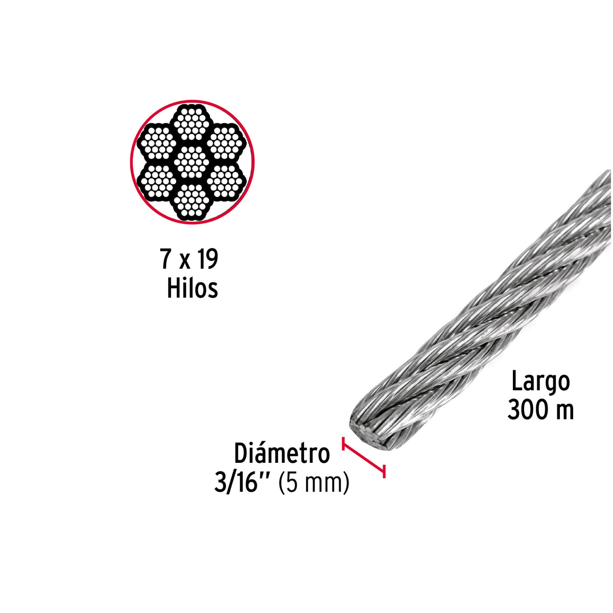 Metro de Cable Flexible 3/16' de Acero 7X19 Hilos, 300 m