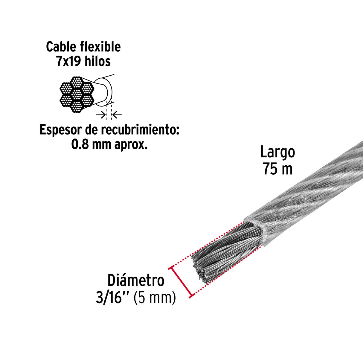 Metro Cable Flexible 3/16' Acero 7X19 Recubierto PVC, 75 m