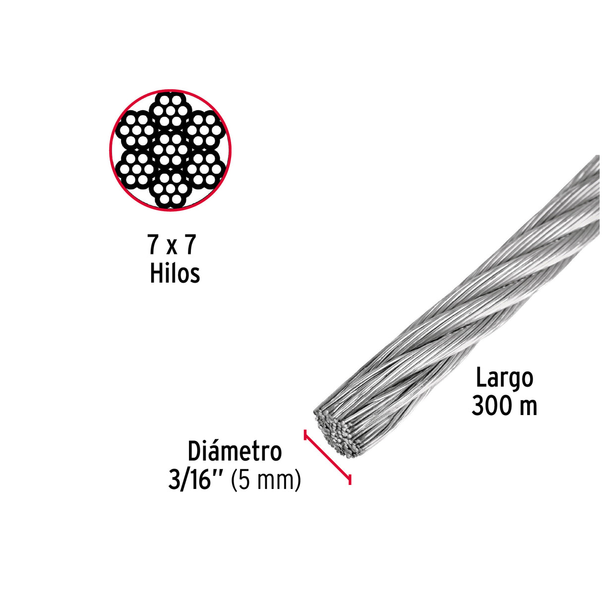 Metro de Cable Rígido 3/16' de Acero 7X7 Hilos, 300 m, Fiero