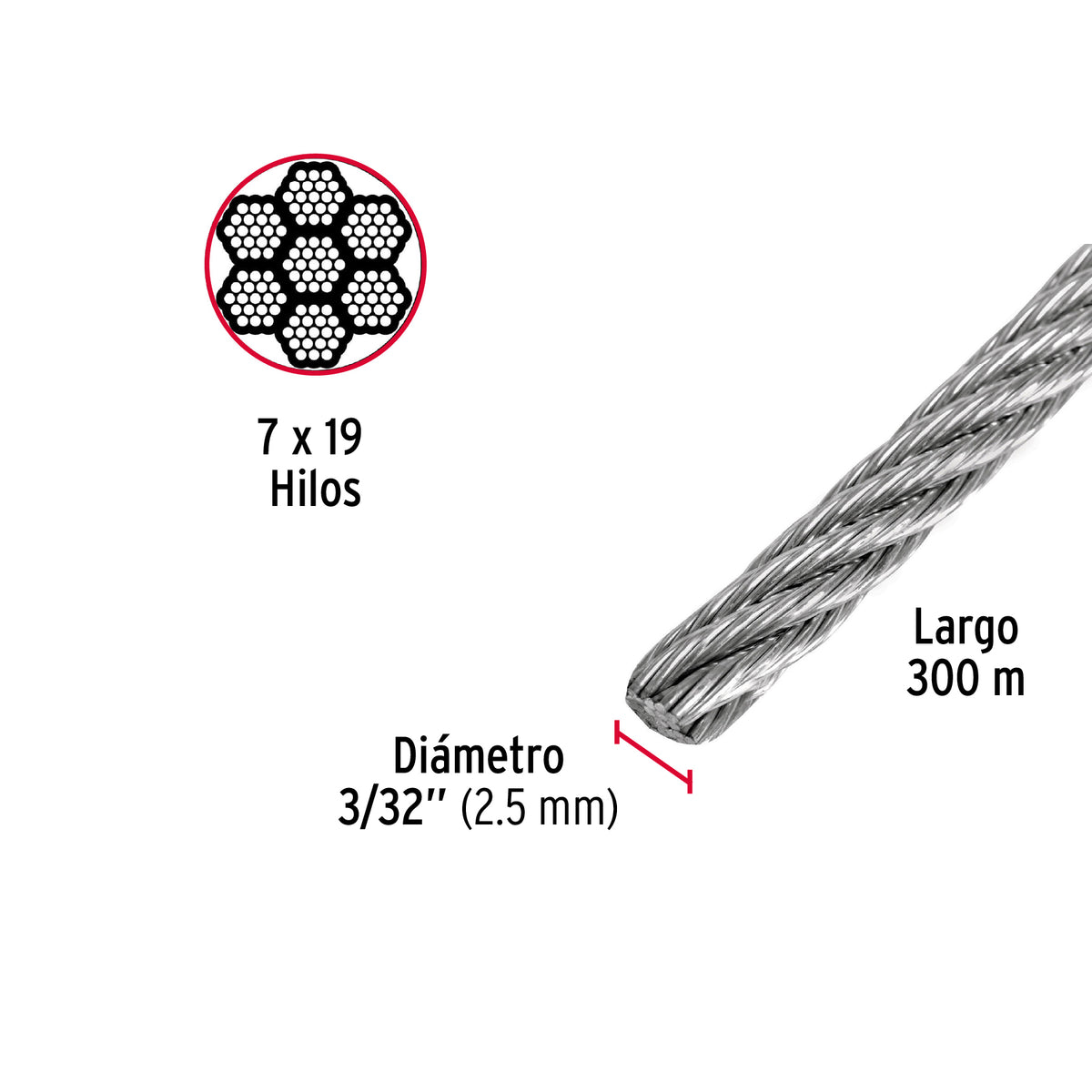 Metro de Cable Flexible 3/32' de Acero 7X19 Hilos, 300 m