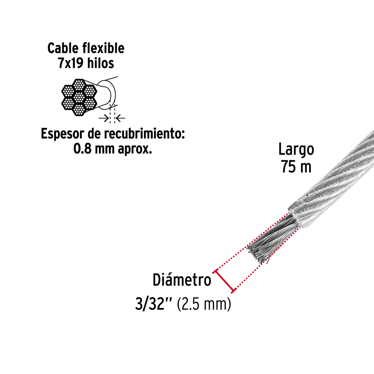 Metro Cable Flexible 3/32' Acero 7X19 Recubierto PVC, 75 m