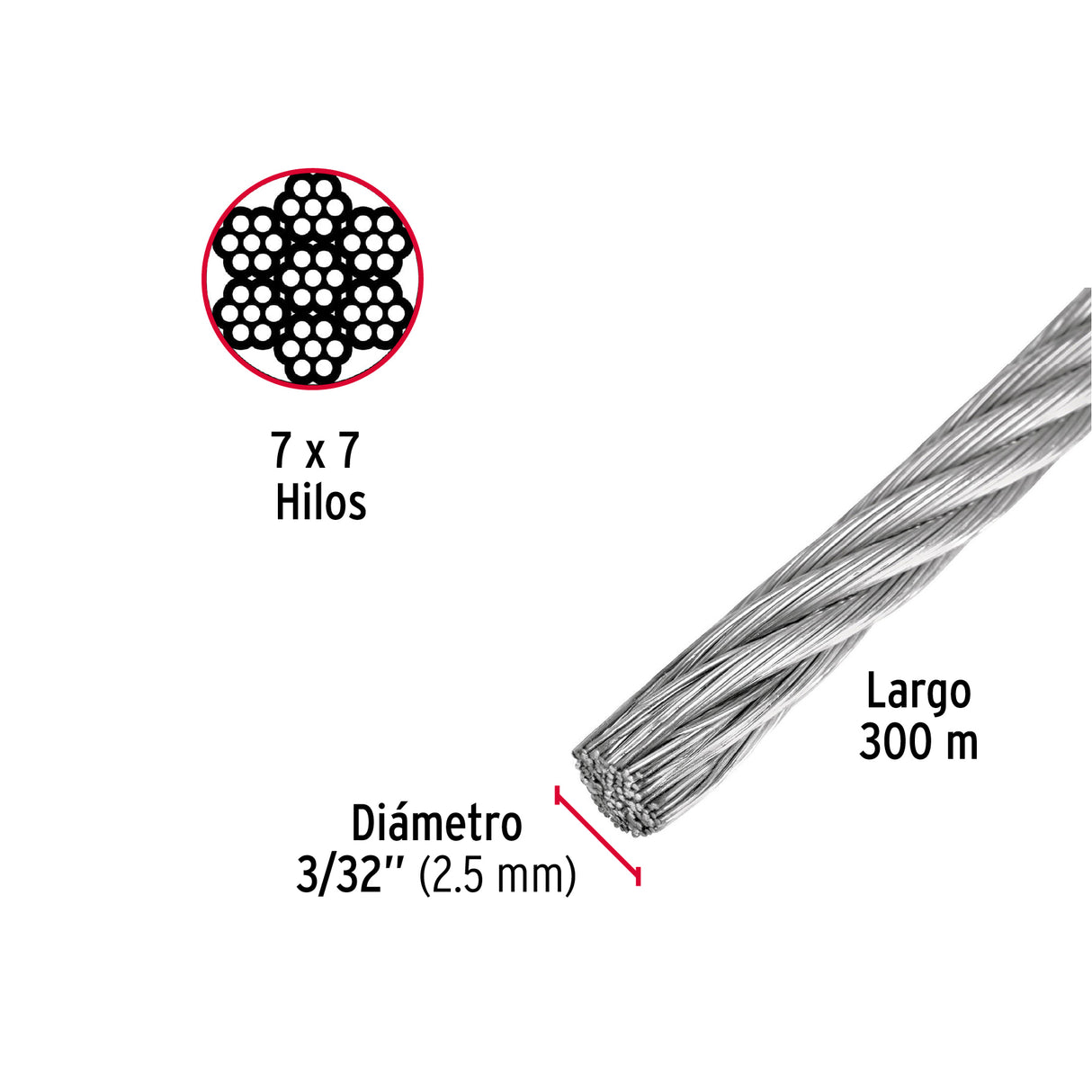 Metro de Cable Rígido 3/32' de Acero 7X7 Hilos, 300 m, Fiero