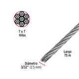 Metro de Cable Rígido 3/32' de Acero 7X7 Hilos, 75 m, Fiero