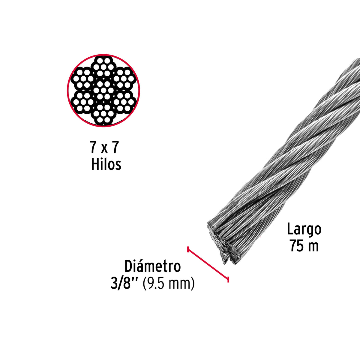 Metro de Cable Rígido 3/8' de Acero 7X7 Hilos, 75 m, Fiero