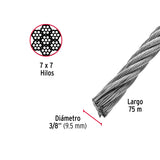 Metro de Cable Rígido 3/8' de Acero 7X7 Hilos, 75 m, Fiero