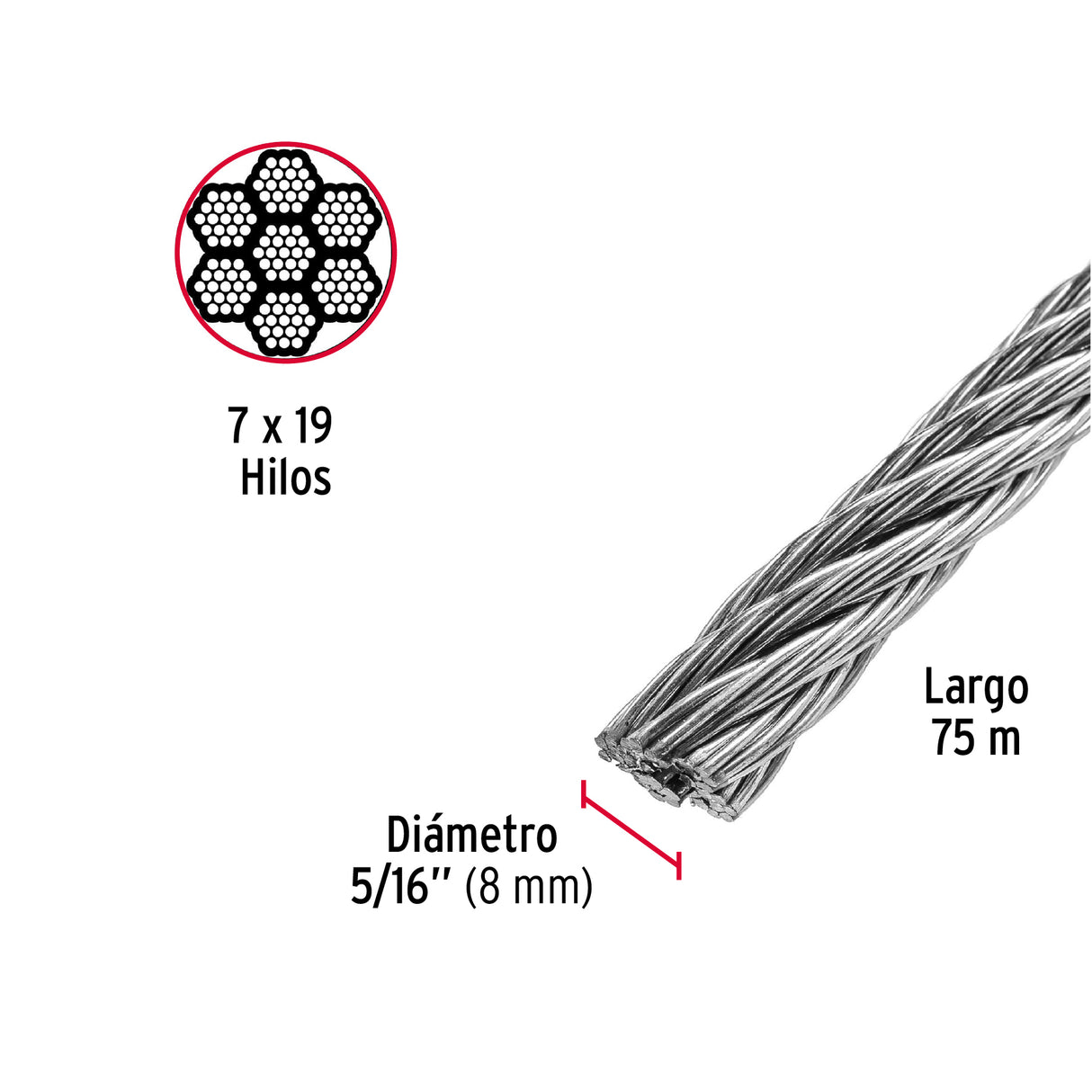 Metro de Cable Flexible 5/16' de Acero 7X19 Hilos, 75 m