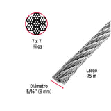Metro de Cable Rígido 5/16' de Acero 7X7 Hilos, 75 m, Fiero