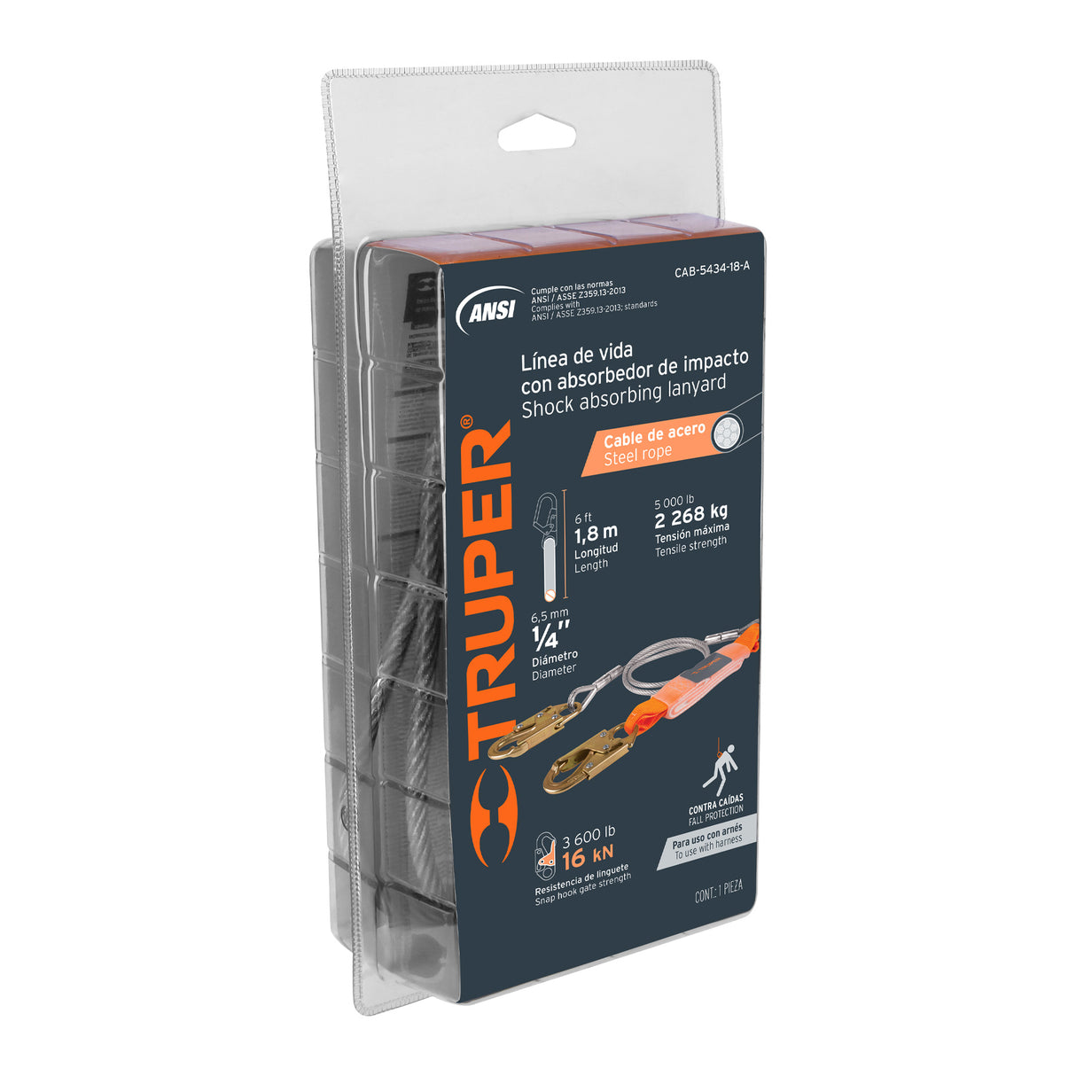 Línea de Vida 1.8 m Cable de Acero, Absorbedor Impacto, Ansi