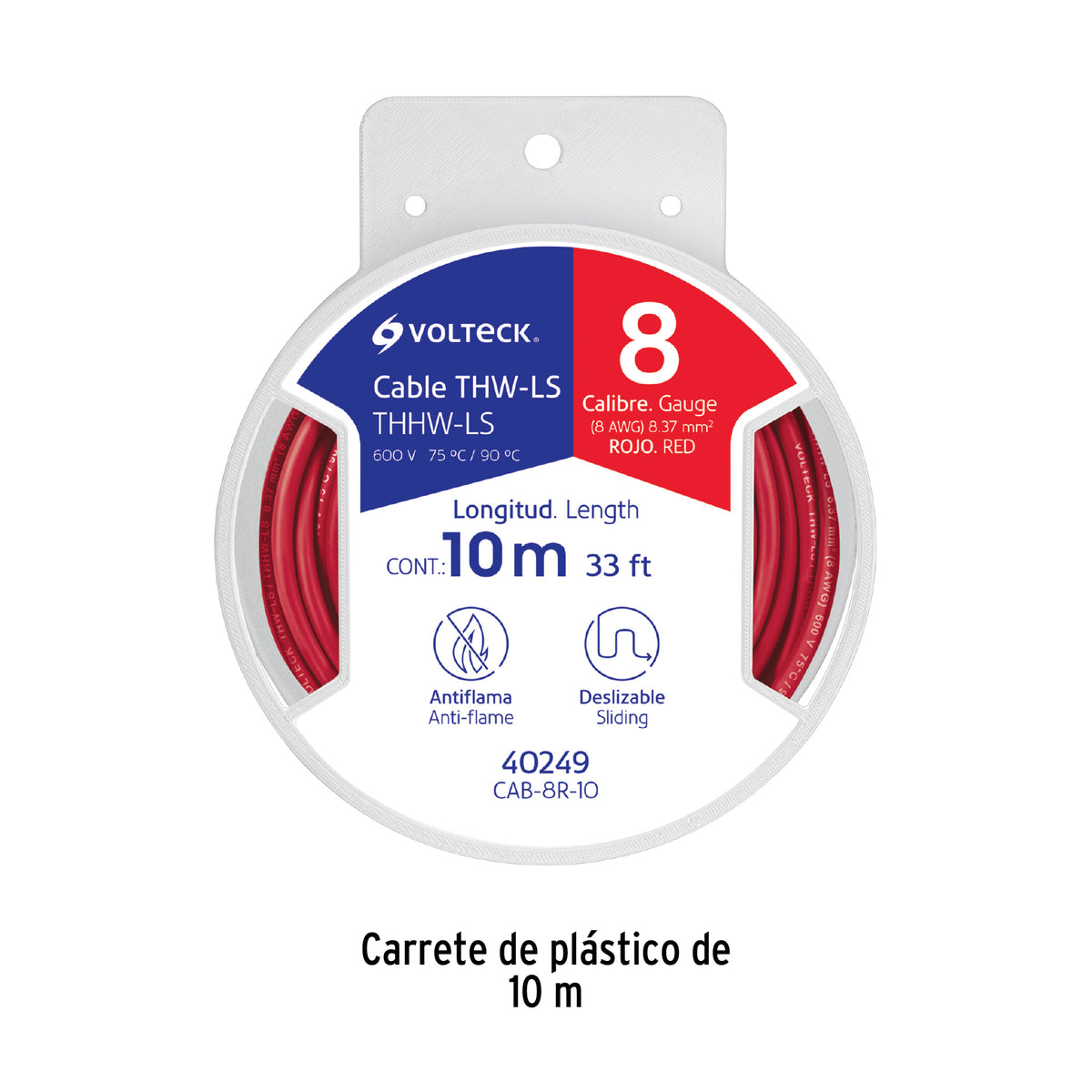 Carrete con 10 m de Cable Thhw-ls 8 AWG Rojo, Volteck