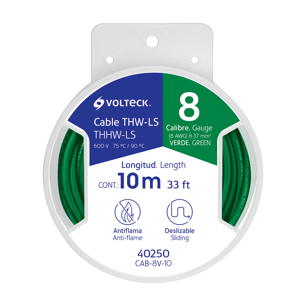 Carrete con 10 m de Cable Thhw-ls 8 AWG Verde, Volteck
