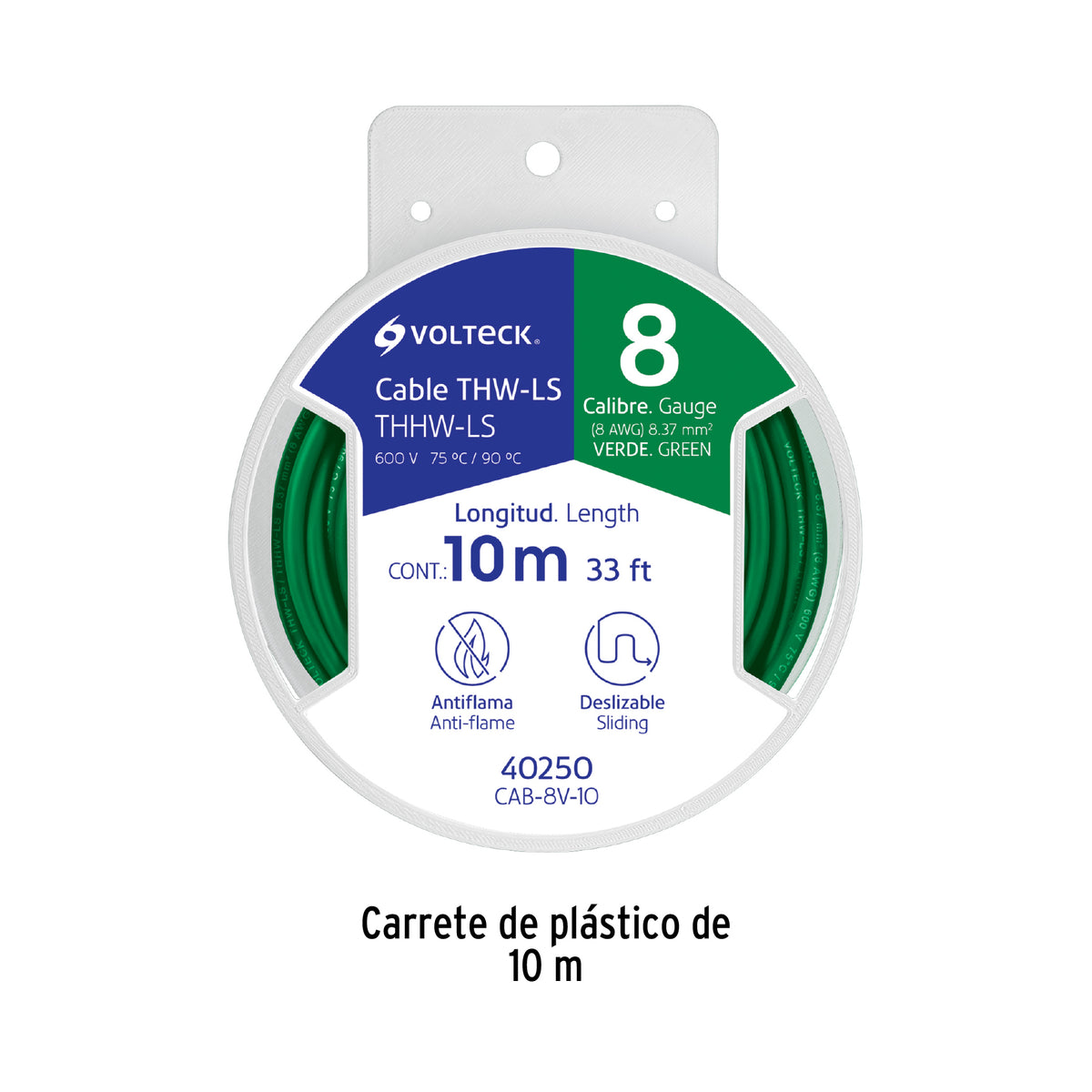 Carrete con 10 m de Cable Thhw-ls 8 AWG Verde, Volteck