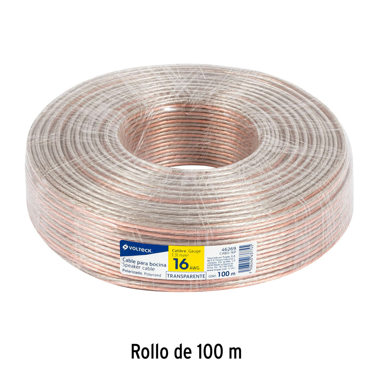 Rollo de 100 m Cable Polarizado Transparente para Bocina 16 AWG