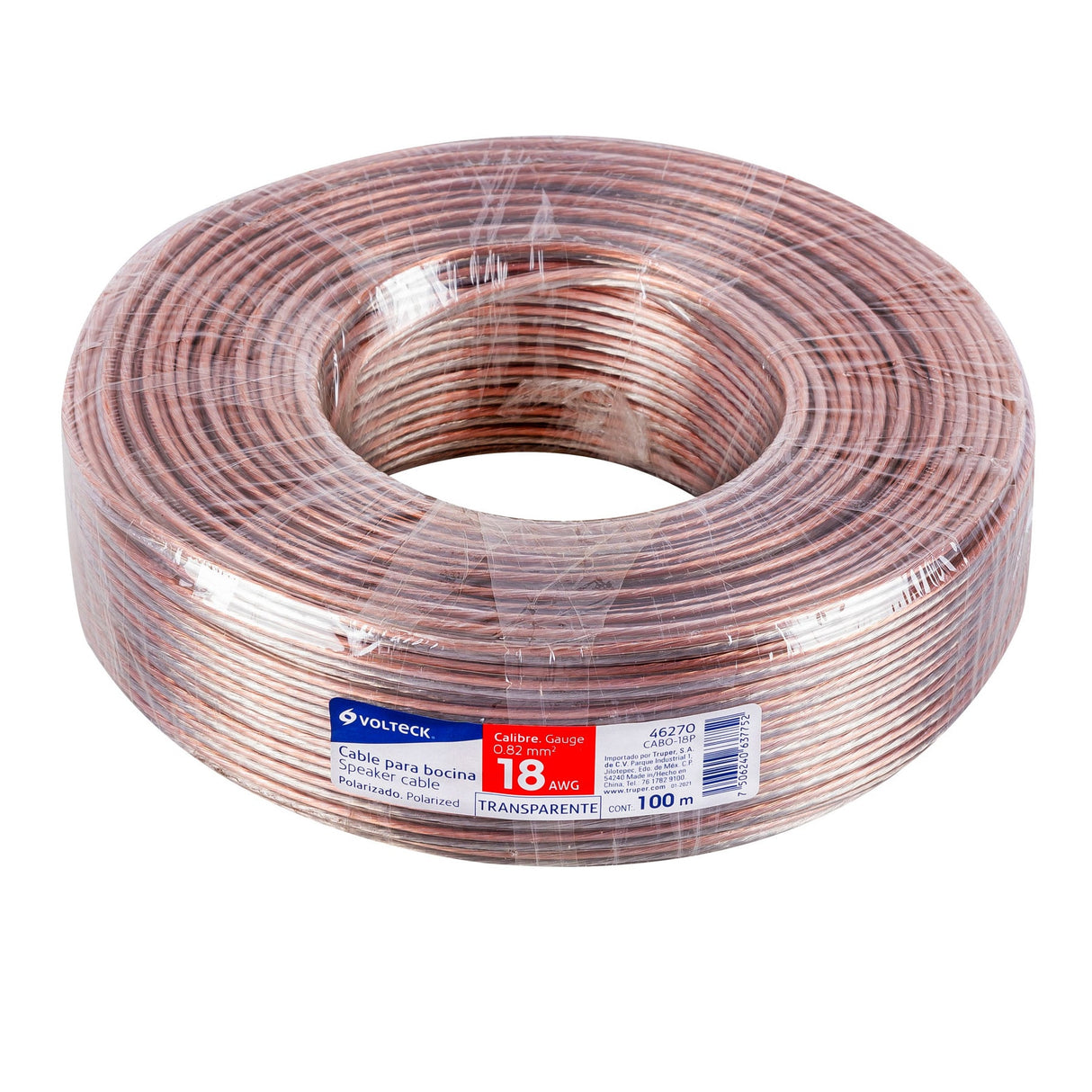 Rollo de 100 m Cable Polarizado Transparente para Bocina 18 AWG