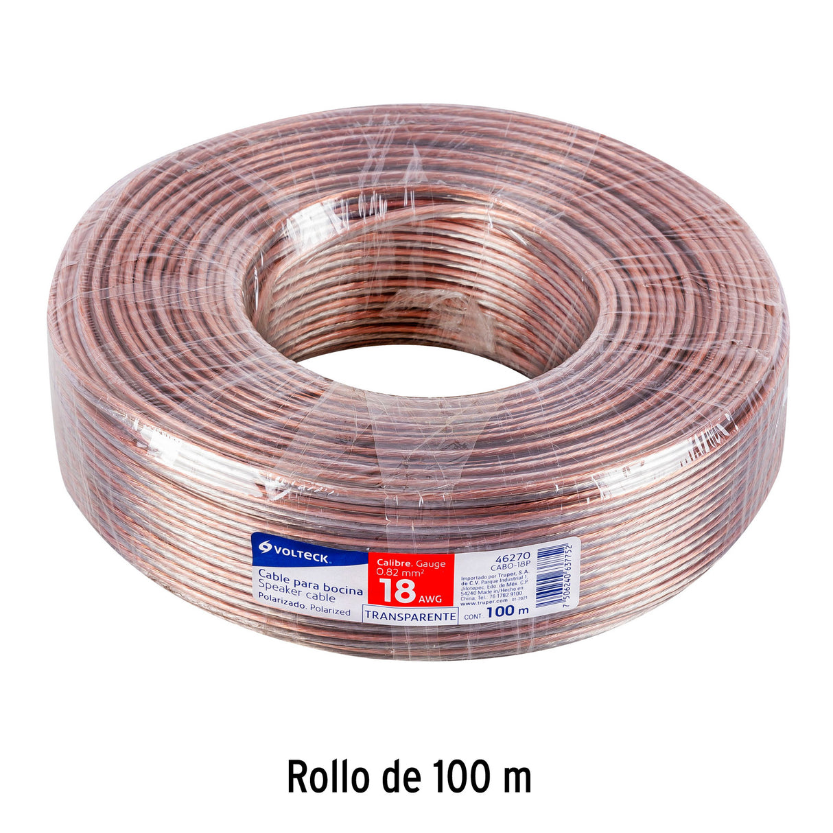 Rollo de 100 m Cable Polarizado Transparente para Bocina 18 AWG