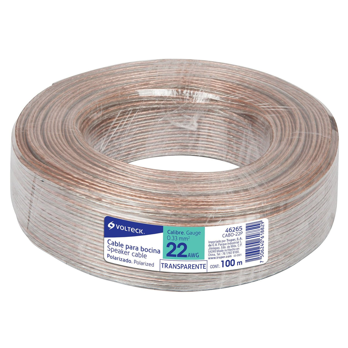 Rollo de 100 m Cable Polarizado Transparente para Bocina 22 AWG