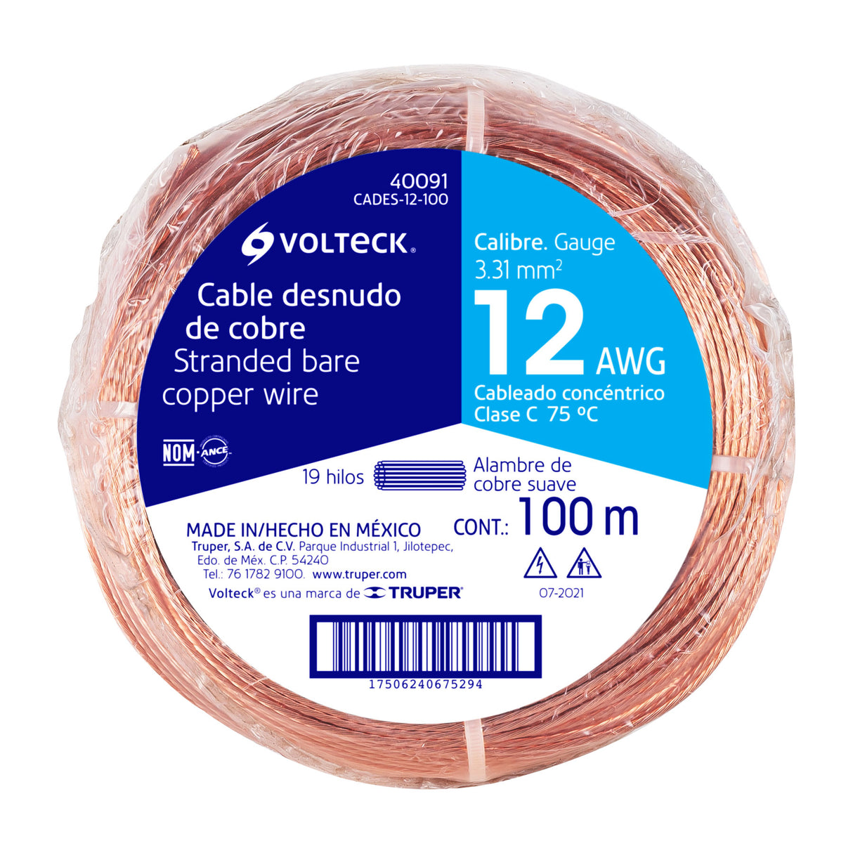 Metro de Cable Desnudo de Cobre Calibre 12 AWG, Rollo 100 m
