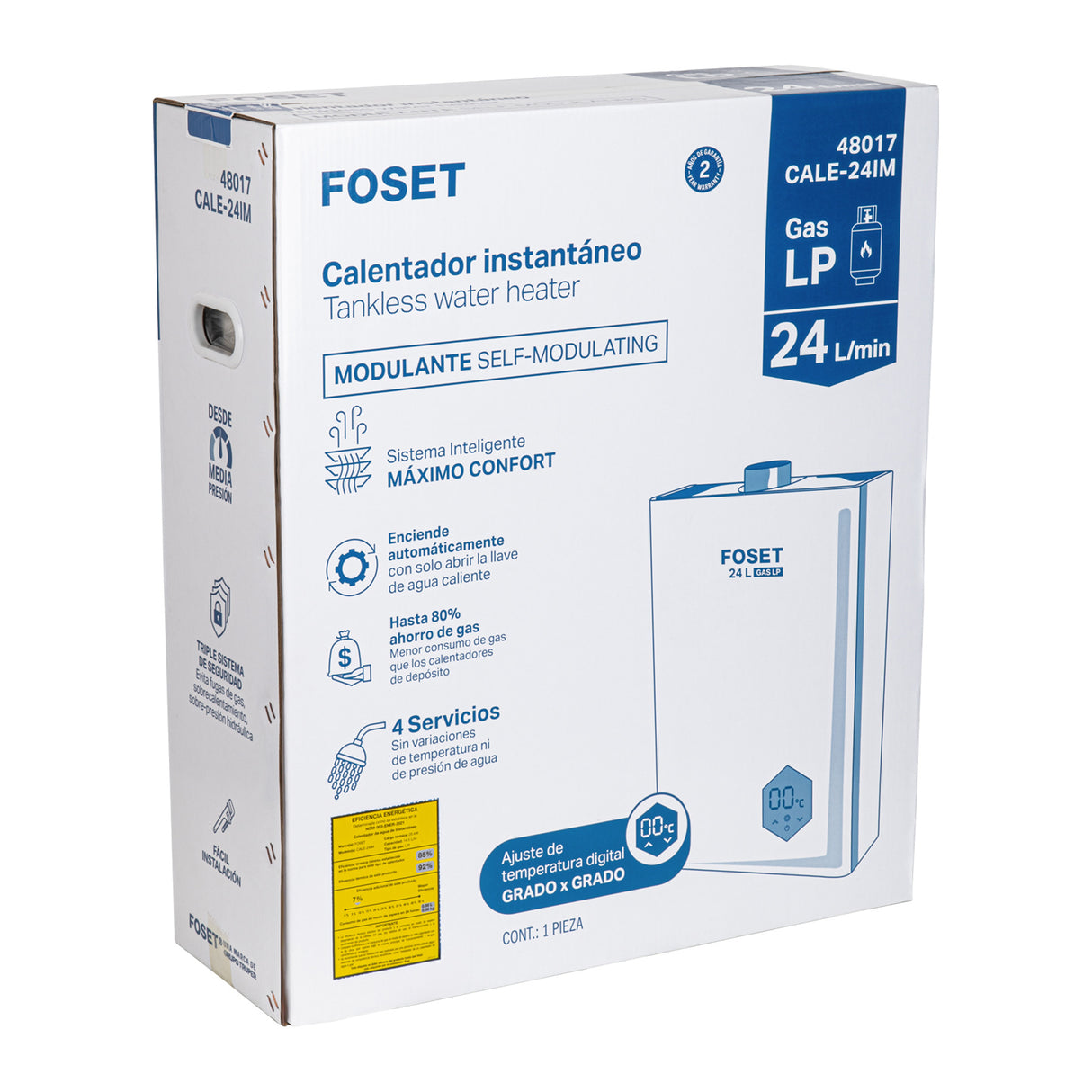 Calentador Instantáneo Modulante, 24 L, 4 Serv, Gas Lp, Foset