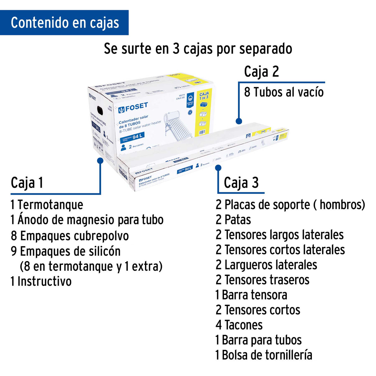 Calentador Solar de Agua, 8 Tubos, 94 L, 2 Personas, Foset
